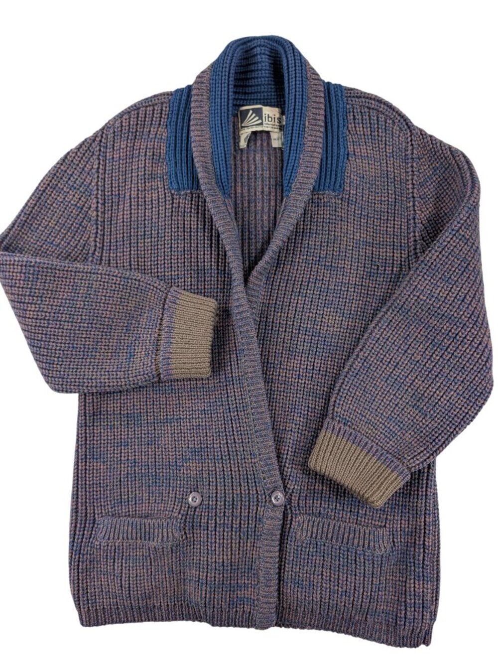 ibis Chunky Knit Wool Cardigan Sweater Pink Blue Shawl Collar Large Vintage